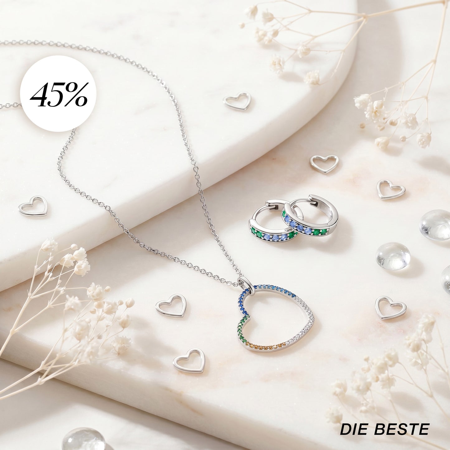 Die Beste - 2er Schmuckset 925er Silber Herzkette Multicolor & Creolen Regenbogen