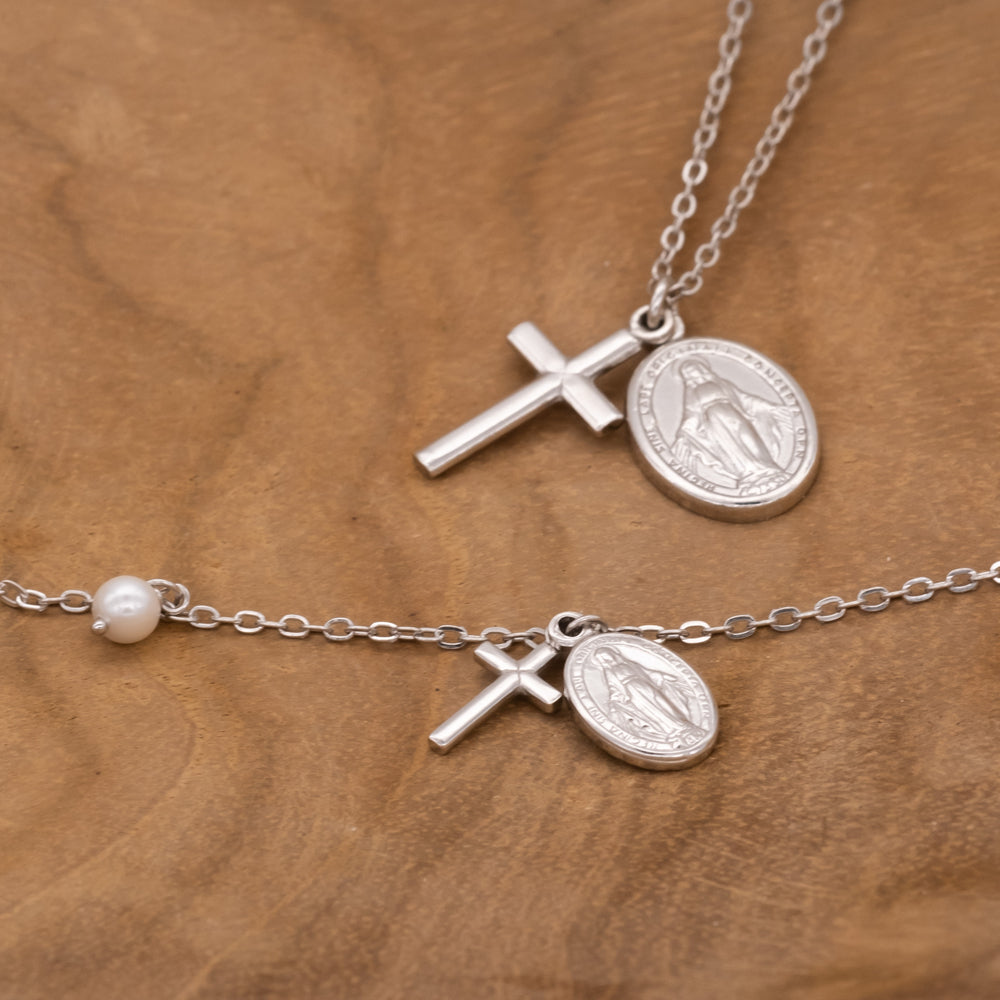 Armband 925er Silber Kreuz Maria mit Perle