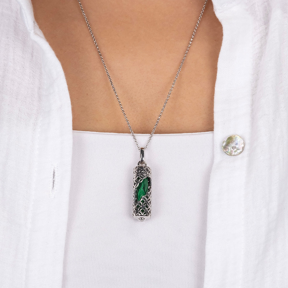 Halskette 925er Silber Powerful Stone mit Kraftstein Malachit Größe M