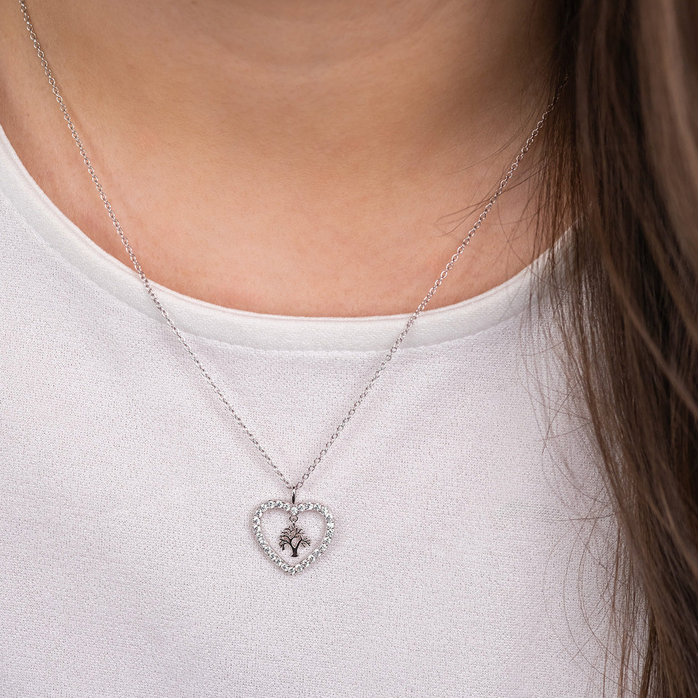 Halskette 925er Silber Lebensbaum Herz mit Zirkonia