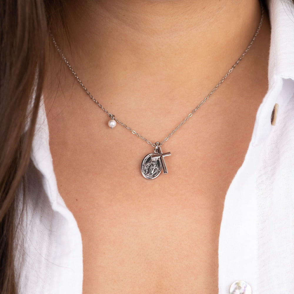 Halskette 925er Silber Kreuz Maria mit Perle