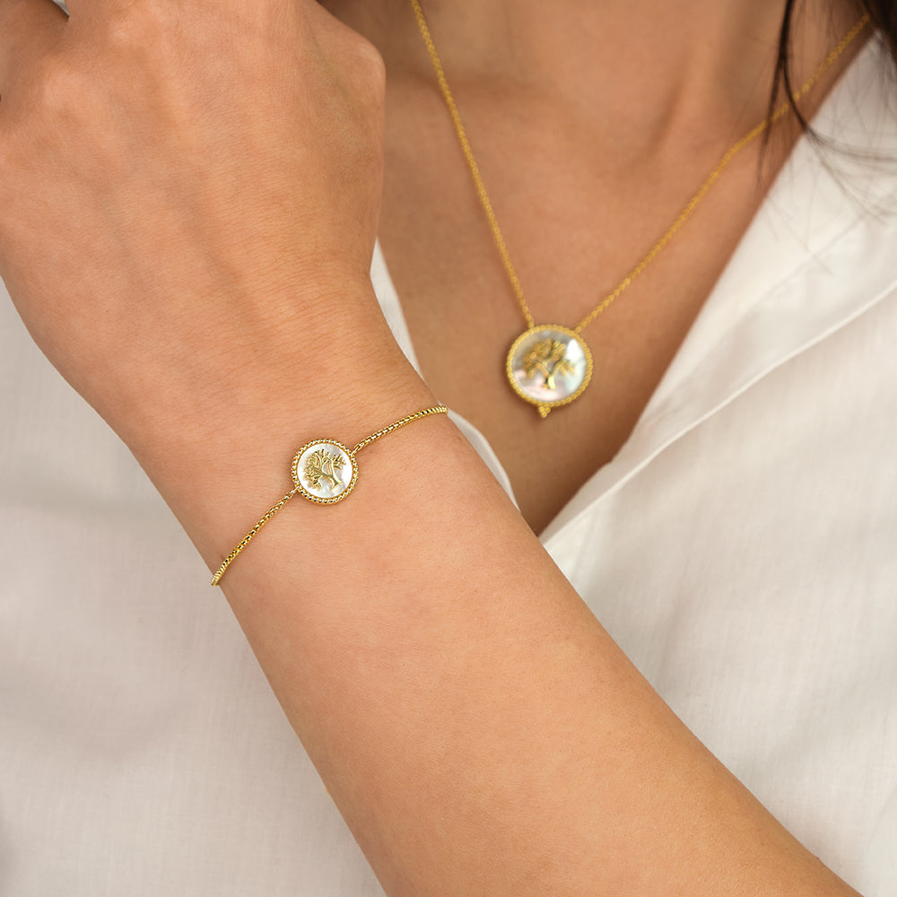 Armband 925er Silber Lebensbaum Gold Perlmutt Weiß