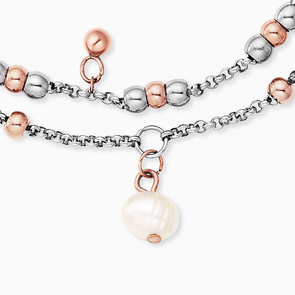 Duo 2 in 1: Armband Edelstahl BOHO Bicolor mit Süßwasserperlen