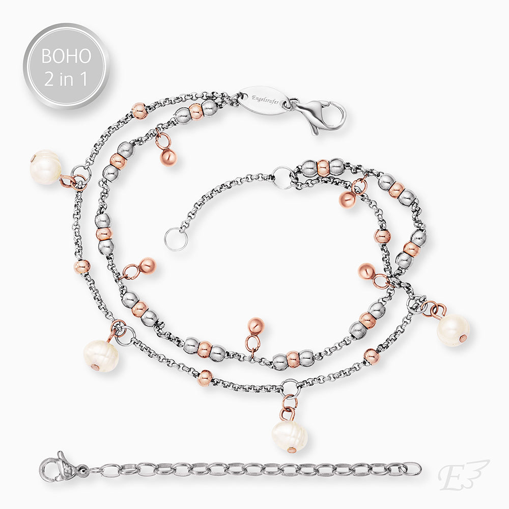 Duo 2 in 1: Armband Edelstahl BOHO Bicolor mit Süßwasserperlen