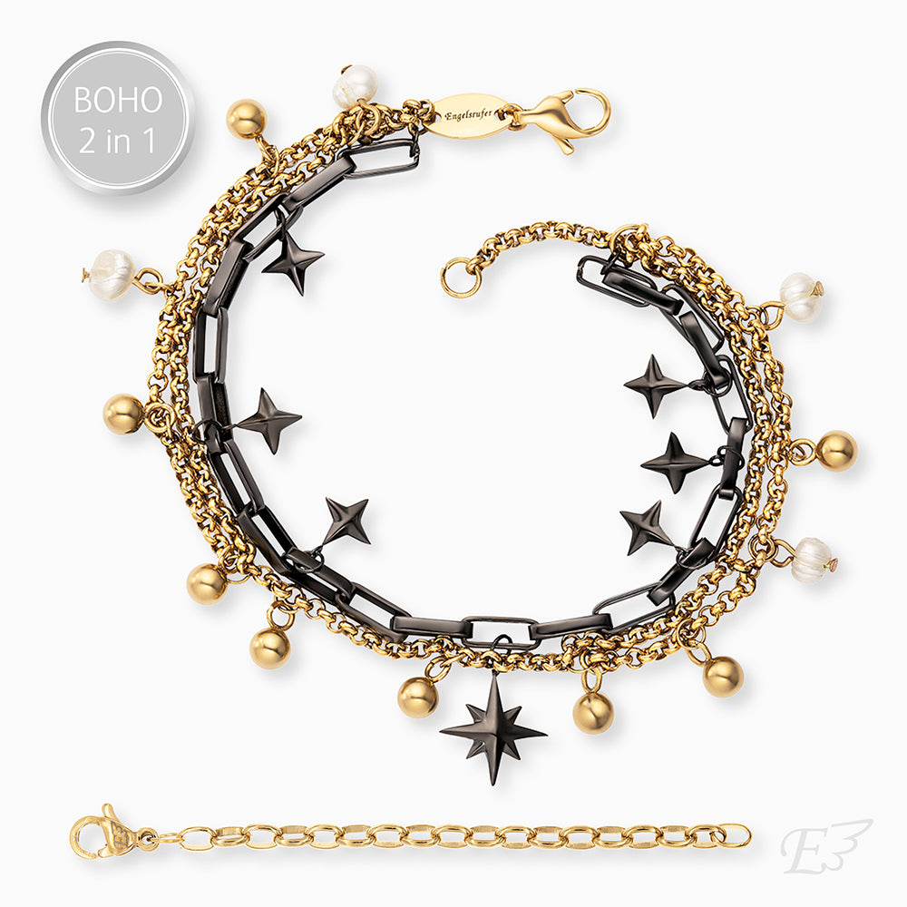 Duo 2 in 1: Armband Edelstahl BOHO Windrose Bicolor mit Süßwasserperlen