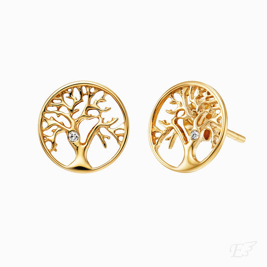 Ohrstecker 375er Echtgold Lebensbaum mit Diamant