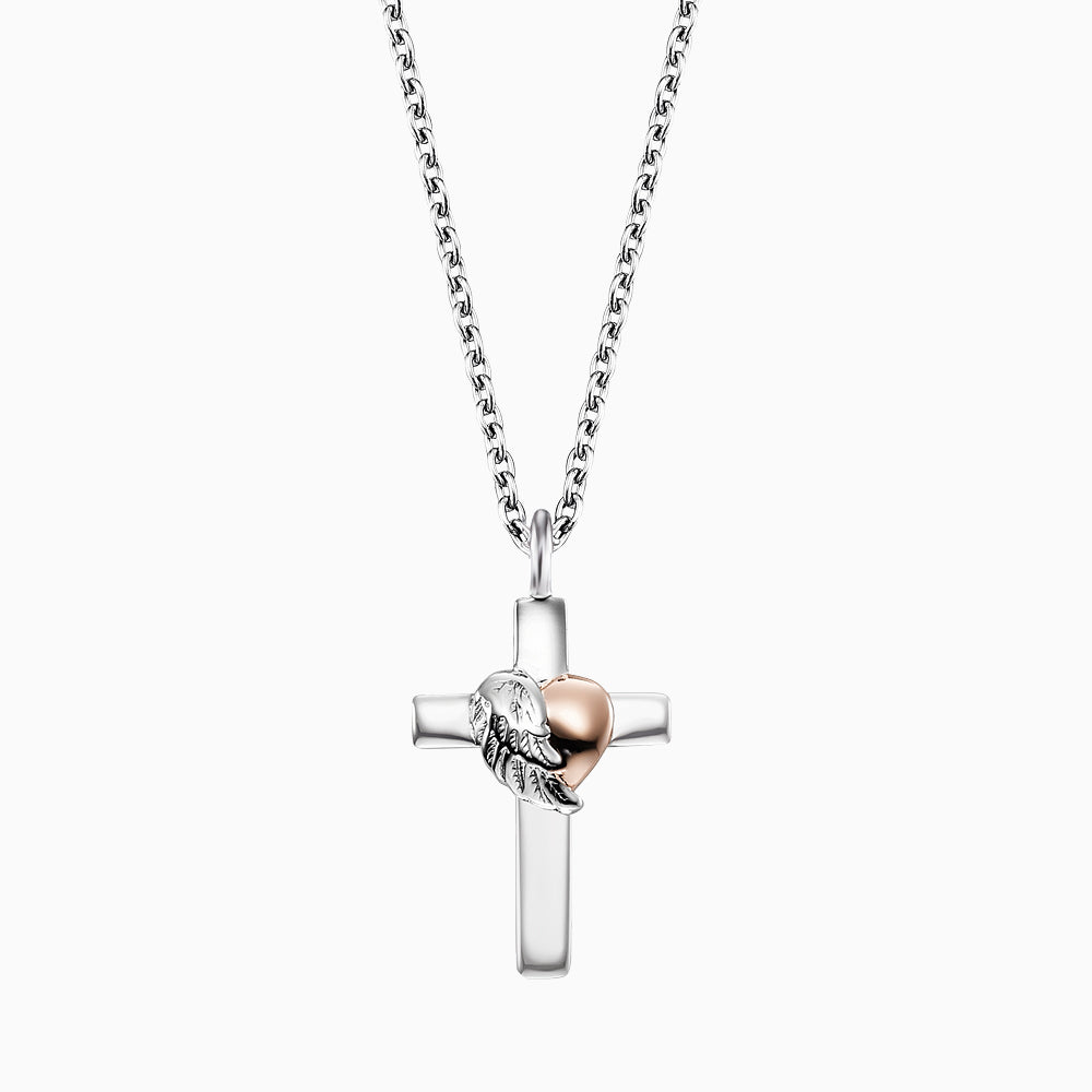 Halskette 925er Silber Kreuz Herzflügel Bicolor
