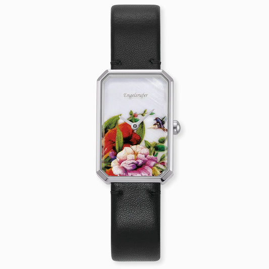 Uhr Edelstahl Blume mit Lederband Schwarz