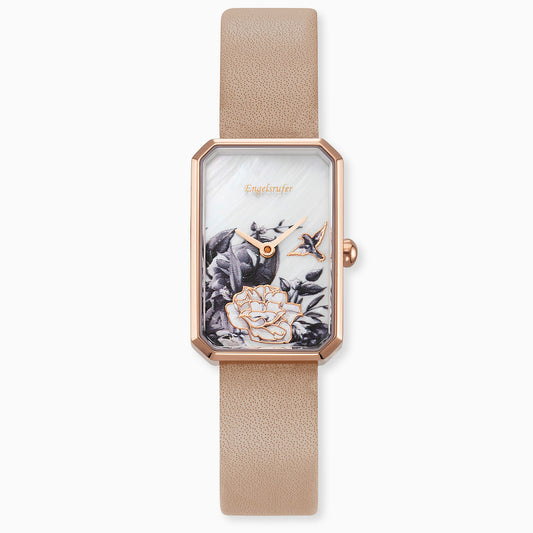 Uhr Edelstahl Blume mit Nubuk Lederband Braun