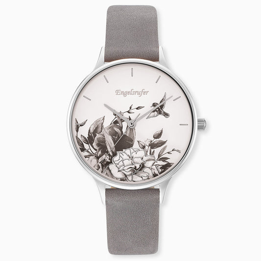 Uhr Edelstahl Blume Silber mit Nubuk Lederband Grau