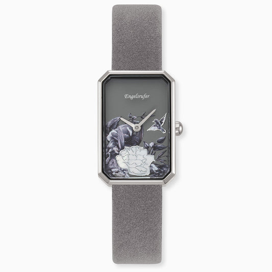 Uhr Edelstahl Blume mit Nubuk Lederband Grau