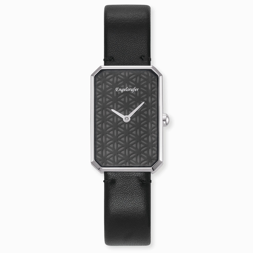 Uhr Edelstahl Lebensblume mit Lederband Schwarz