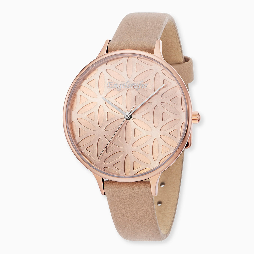 Uhr Edelstahl Lebensblume Rosegold mit Nubuk Lederband Hellbraun