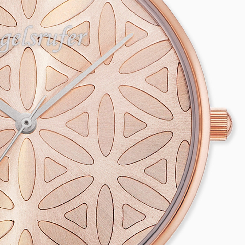 Uhr Edelstahl Lebensblume Rosegold mit Nubuk Lederband Hellbraun