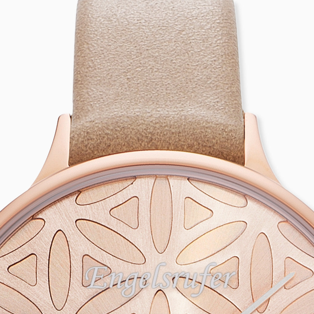 Uhr Edelstahl Lebensblume Rosegold mit Nubuk Lederband Hellbraun