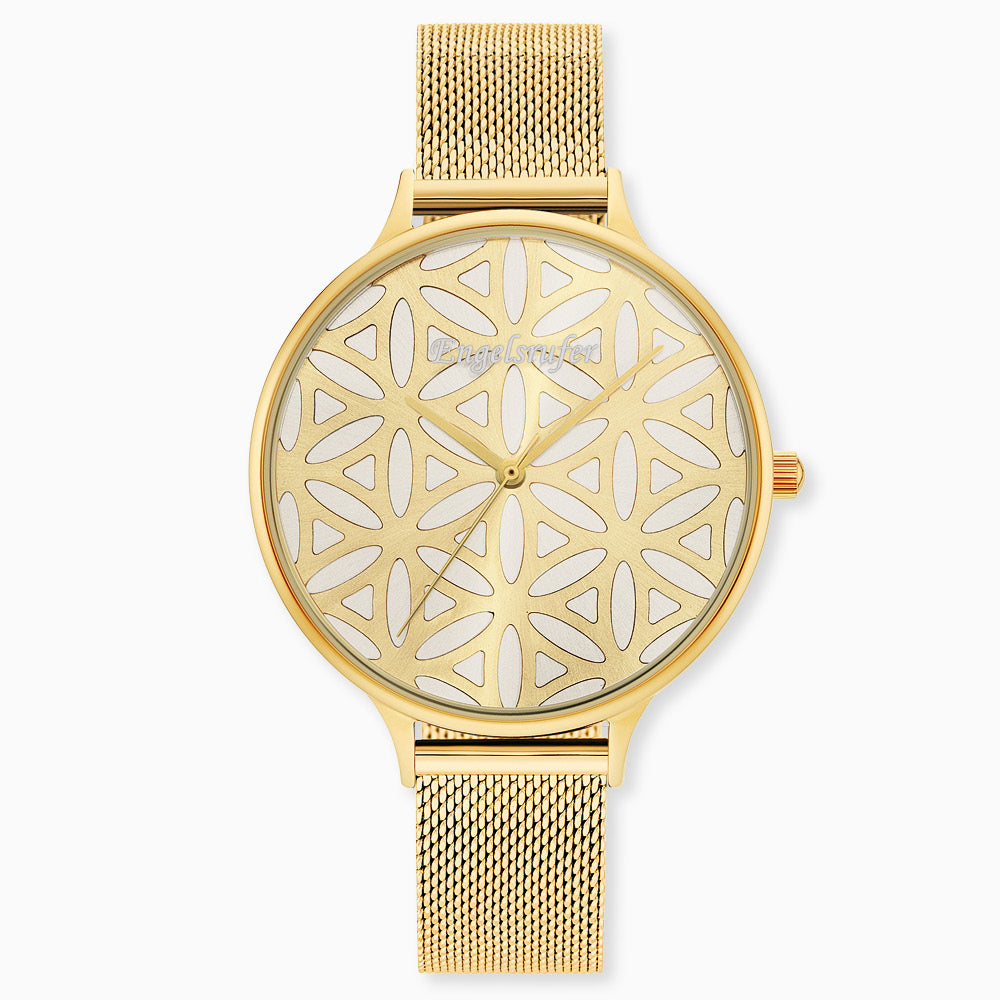 Uhr Edelstahl Lebensblume mit Edelstahl Mesh-Band Gold
