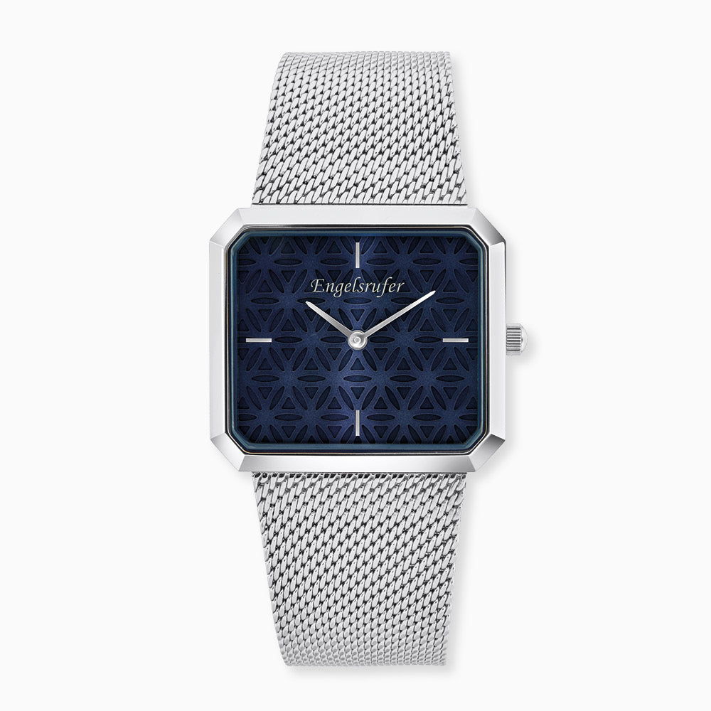 Uhr Edelstahl Lebensblume Blau mit Edelstahl Mesh-Band