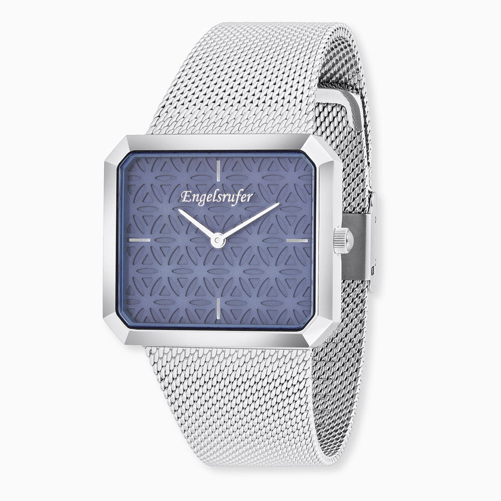 Uhr Edelstahl Lebensblume Blau mit Edelstahl Mesh-Band