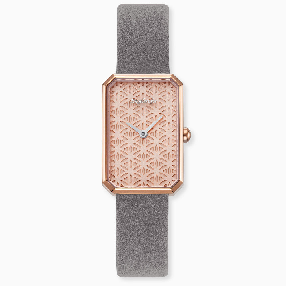 Uhr Edelstahl Lebensblume Rosé mit Nubuk Lederband Grau
