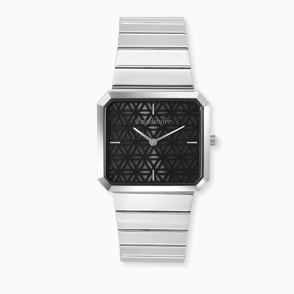 Uhr Edelstahl Lebensblume Schwarz mit Edelstahl Armband