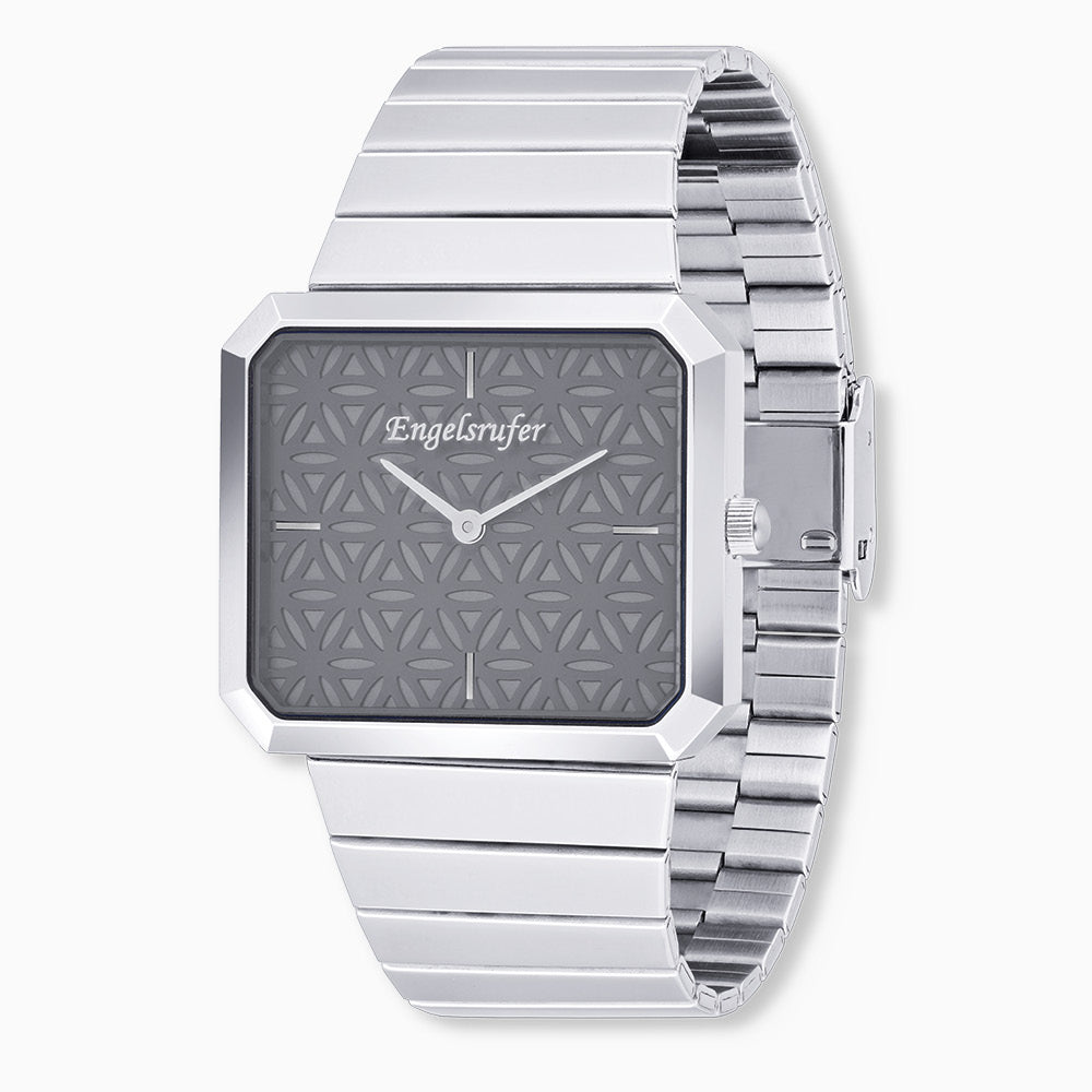 Uhr Edelstahl Lebensblume Schwarz mit Edelstahl Armband