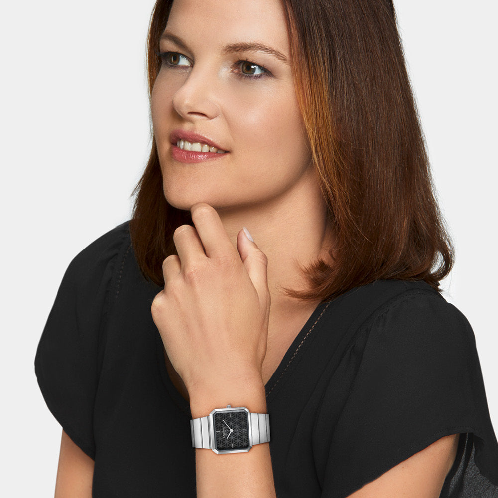 Uhr Edelstahl Lebensblume Schwarz mit Edelstahl Armband