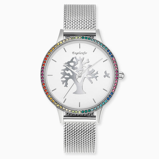 Uhr Edelstahl Lebensbaum mit Zirkonia Multicolor und Edelstahl Mesh-Band