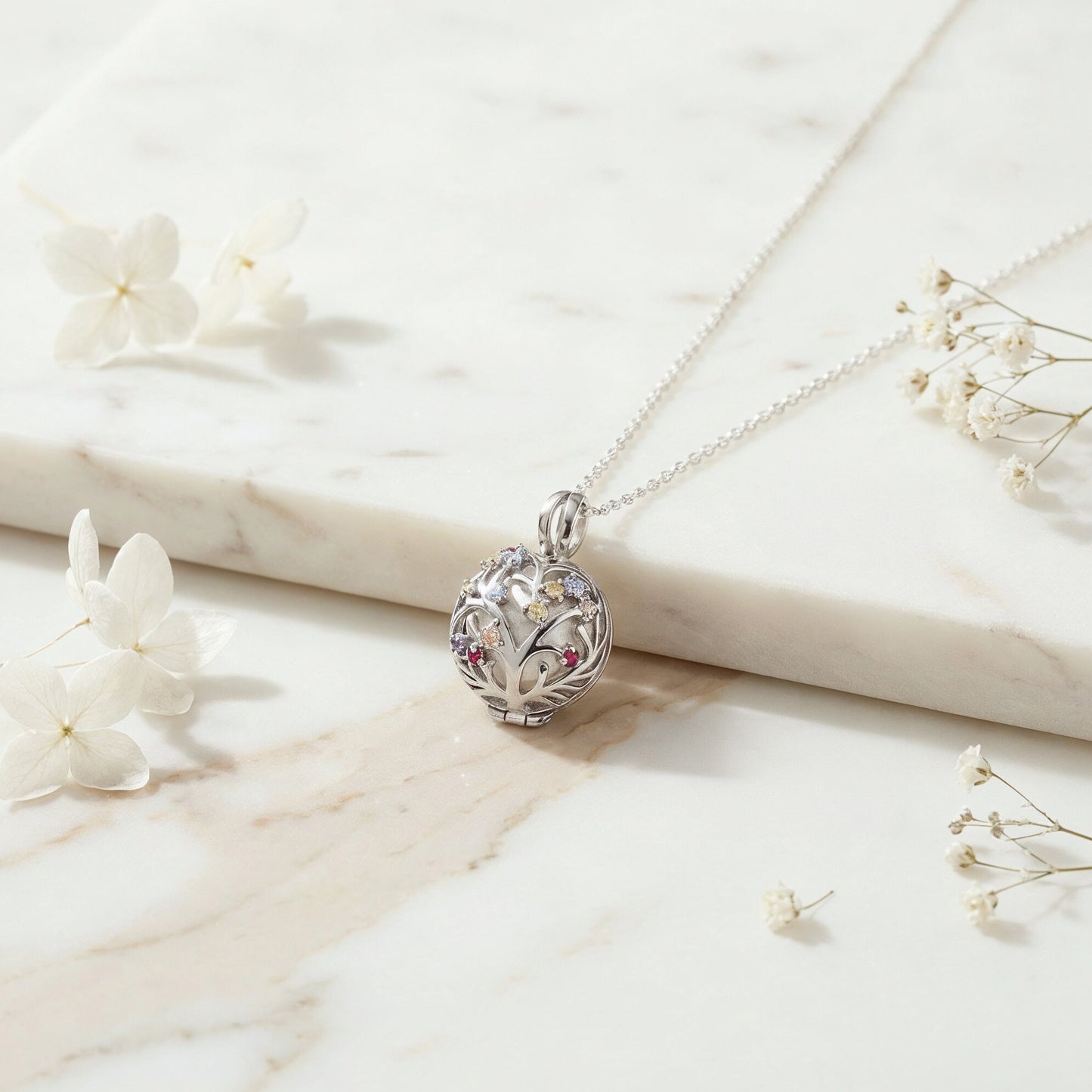 Anhänger 925er Silber Bloom Klangkugel Weiß mit Zirkonia Multicolor