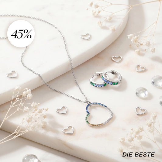 Die Beste - 2er Schmuckset 925er Silber Herzkette Multicolor & Creolen Regenbogen