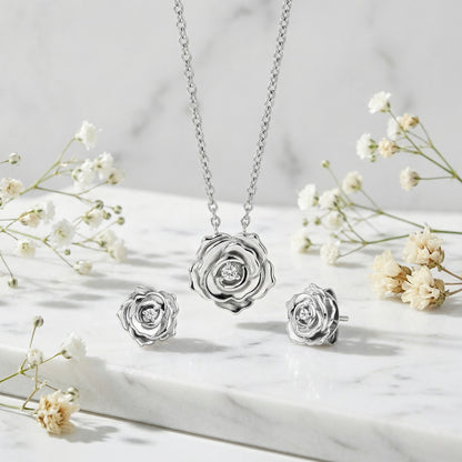 2er Schmuckset 925er Silber Halskette Ohrstecker Rose