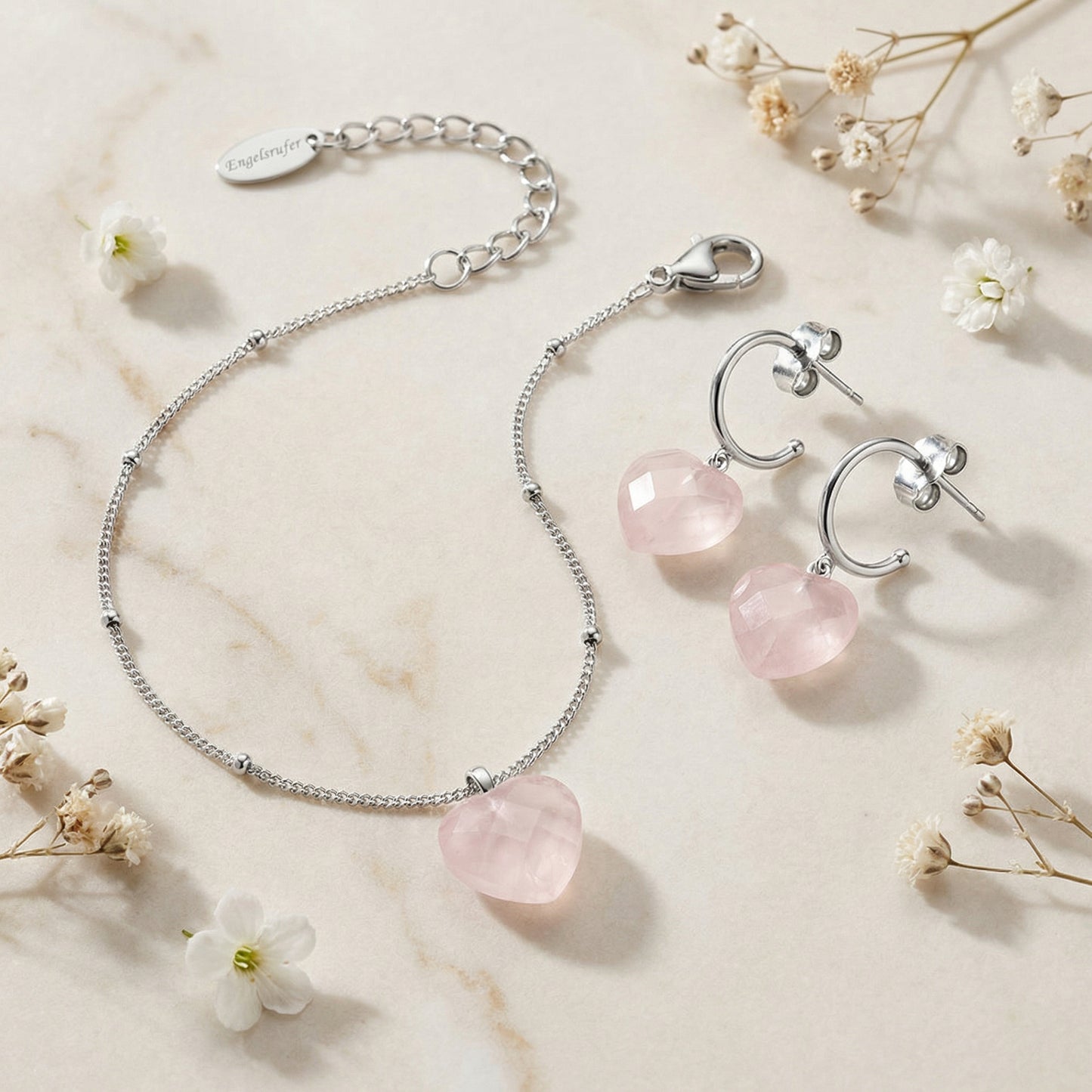 2er Schmuckset 925er Silber Armband Creolen Rosenquarz Herz