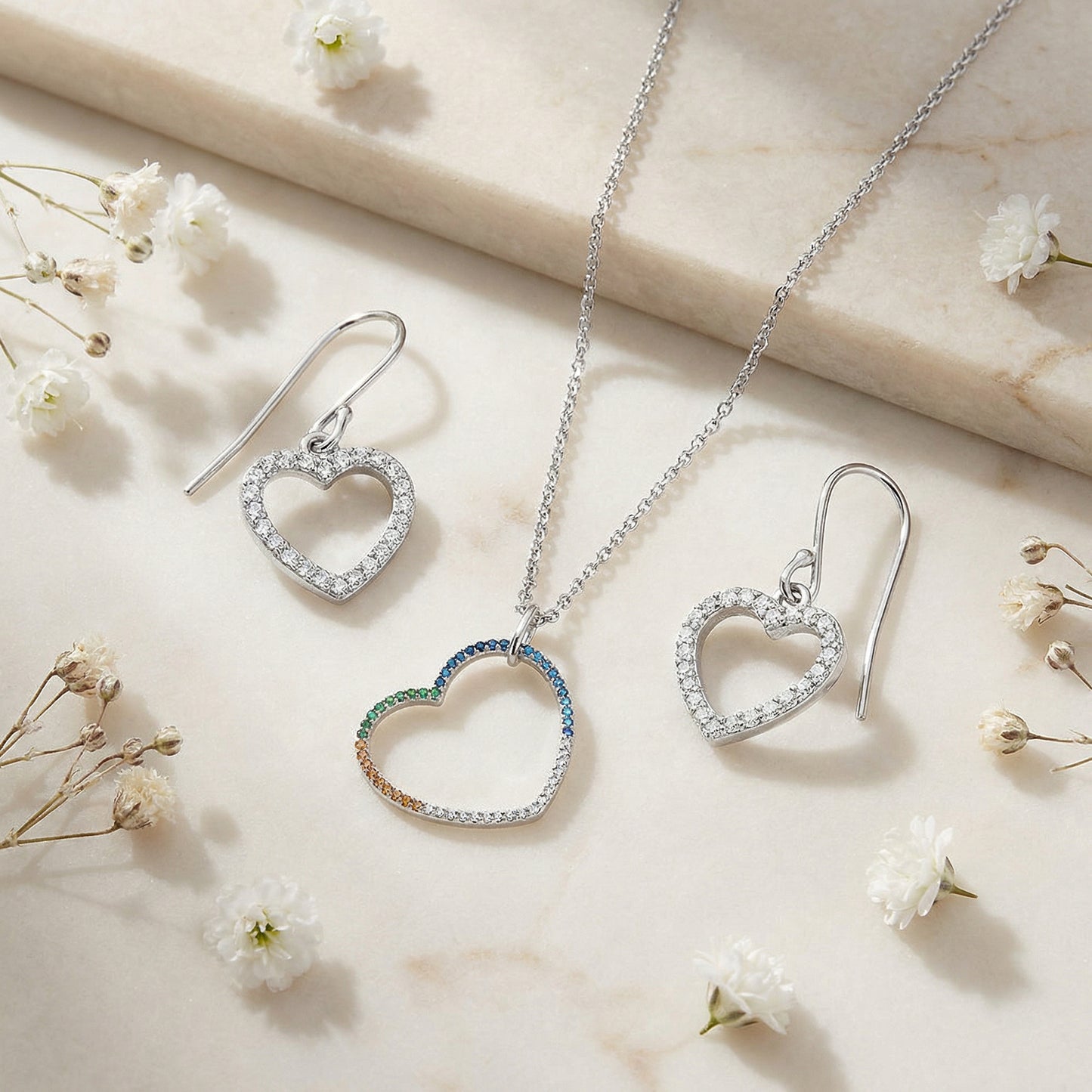 2er Schmuckset 925er Silber Halskette Ohrhänger Zirkonia Herz