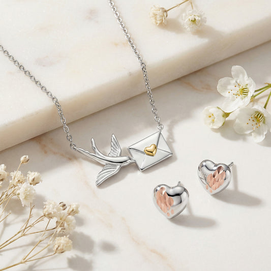 2er Schmuckset 925er Silber Halskette Ohrstecker Bird Herz Bicolor