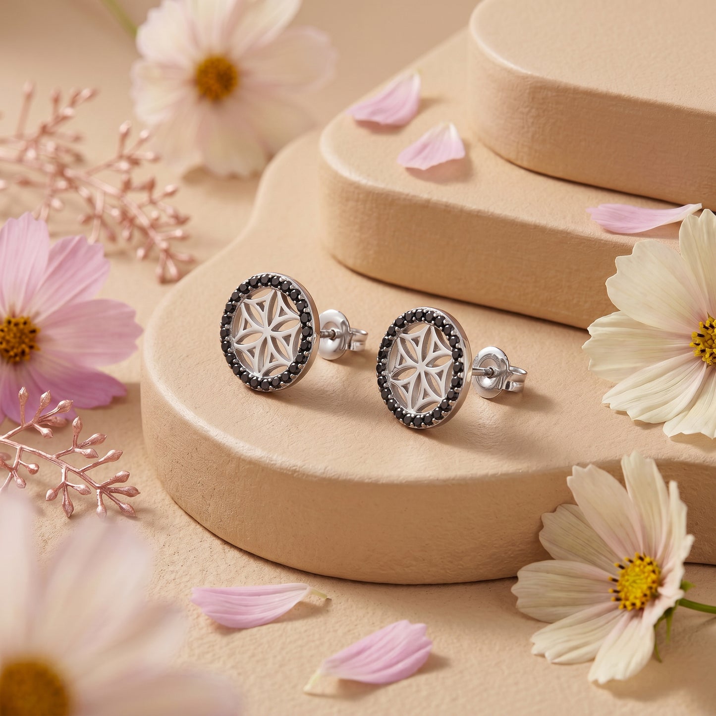 Ohrstecker 925er Silber Lebensblume mit Zirkonia schwarz