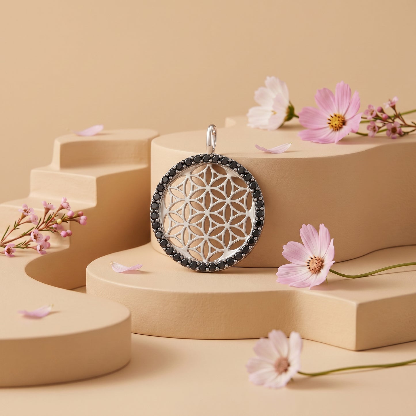 Anhänger 925er Silber Lebensblume mit Zirkonia schwarz
