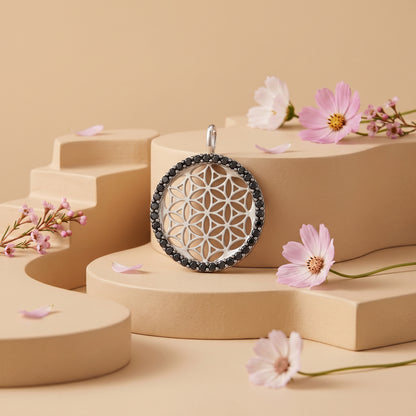 Anhänger 925er Silber Lebensblume mit Zirkonia schwarz