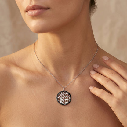 Anhänger 925er Silber Lebensblume mit Zirkonia schwarz