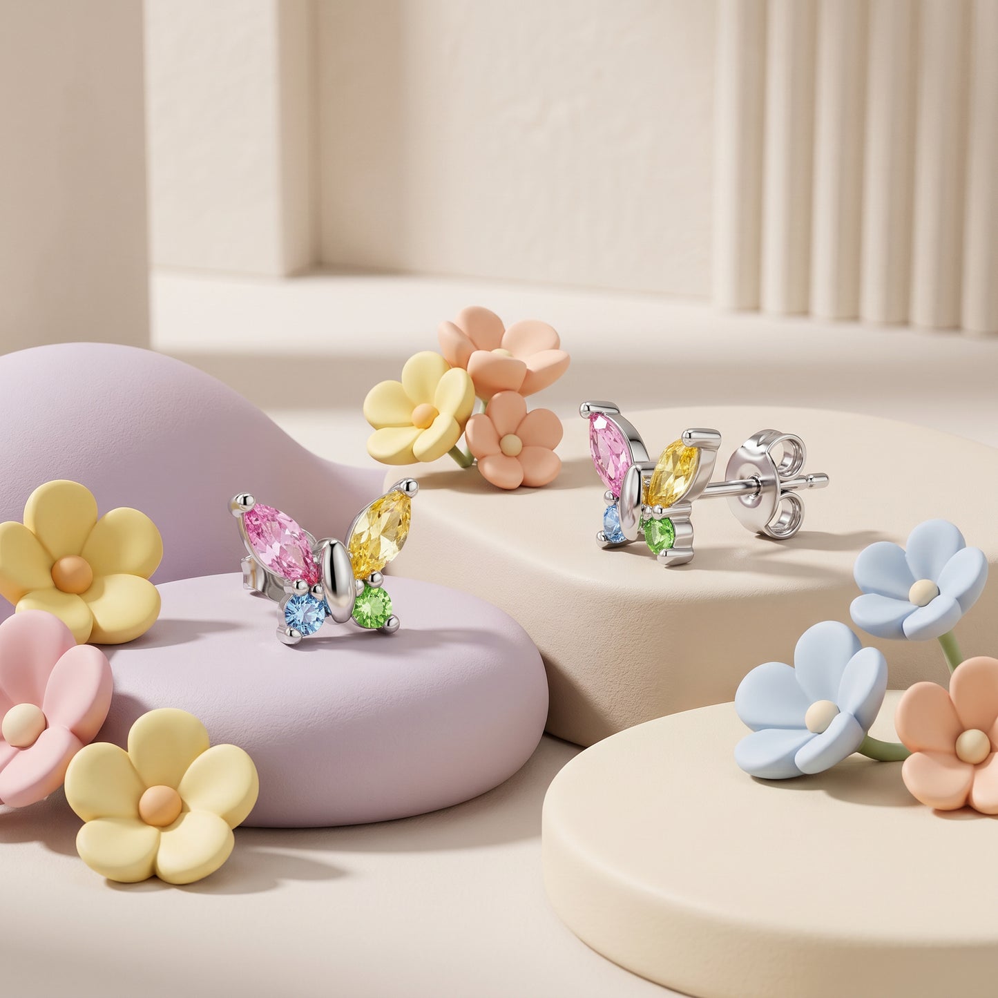 Kinder Ohrstecker Edelstahl Schmetterling mit Zirkonia multicolor