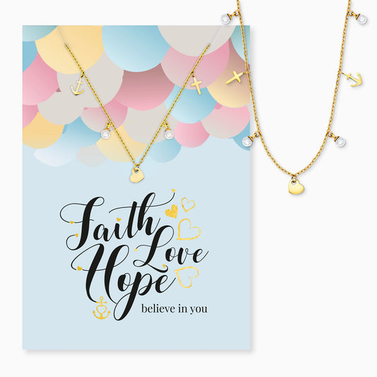 Grußkarte Faith Love Hope mit Halskette Edelstahl Gold