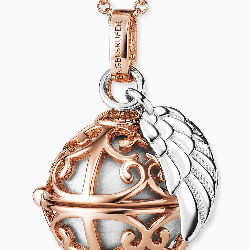 Engelsrufer women's necklace rosé with wing pendant and Chime in mother-of-pearl white in 45 + 5 cm