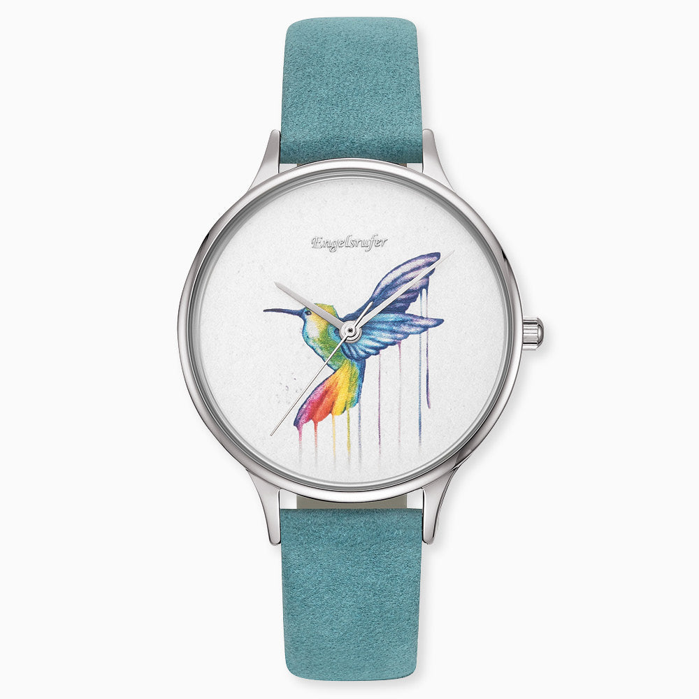 Engelsrufer women's watch silver with colorful Colibri and turquoise nubuck leather strap