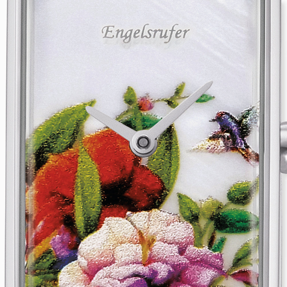 Engelsrufer analog Damen Uhr Blume silber mit Lederband schwarz