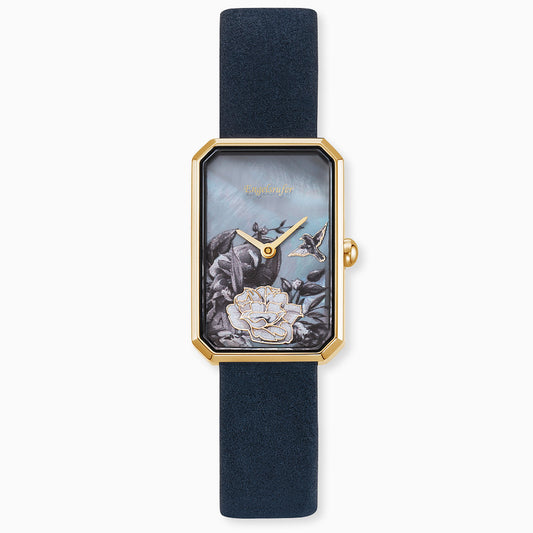 Engelsrufer Damen-Uhr analog Blume gold mit Nubuk Lederarmband nachtblau