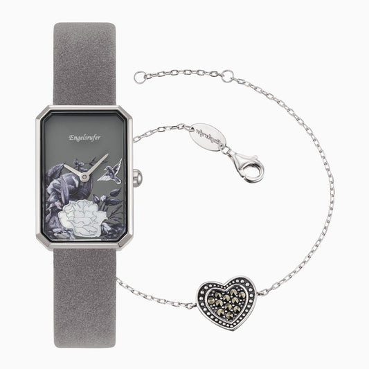 Set Uhr Blume grau mit Meshband silber und Herz Armband