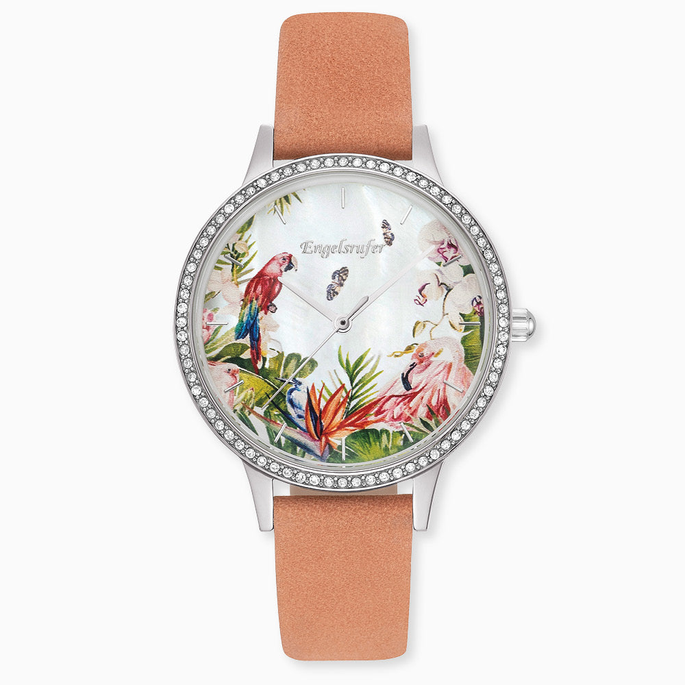 Set watch Paradise silver with zirconia nubuck leather coral and interchangeable mesh strap silver