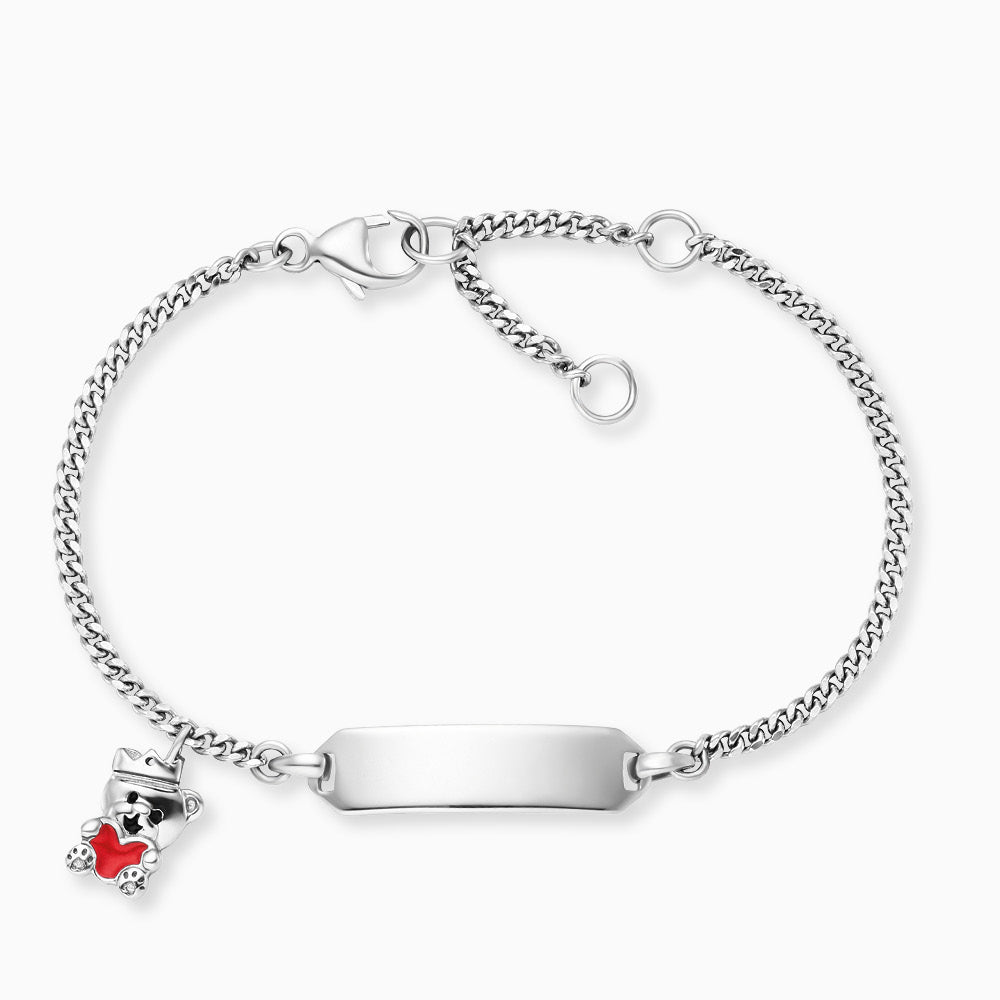 Engelsrufer Kinder-Armband Mädchen Silber mit Gravurplatte und Bärchen mit Herz Symbol